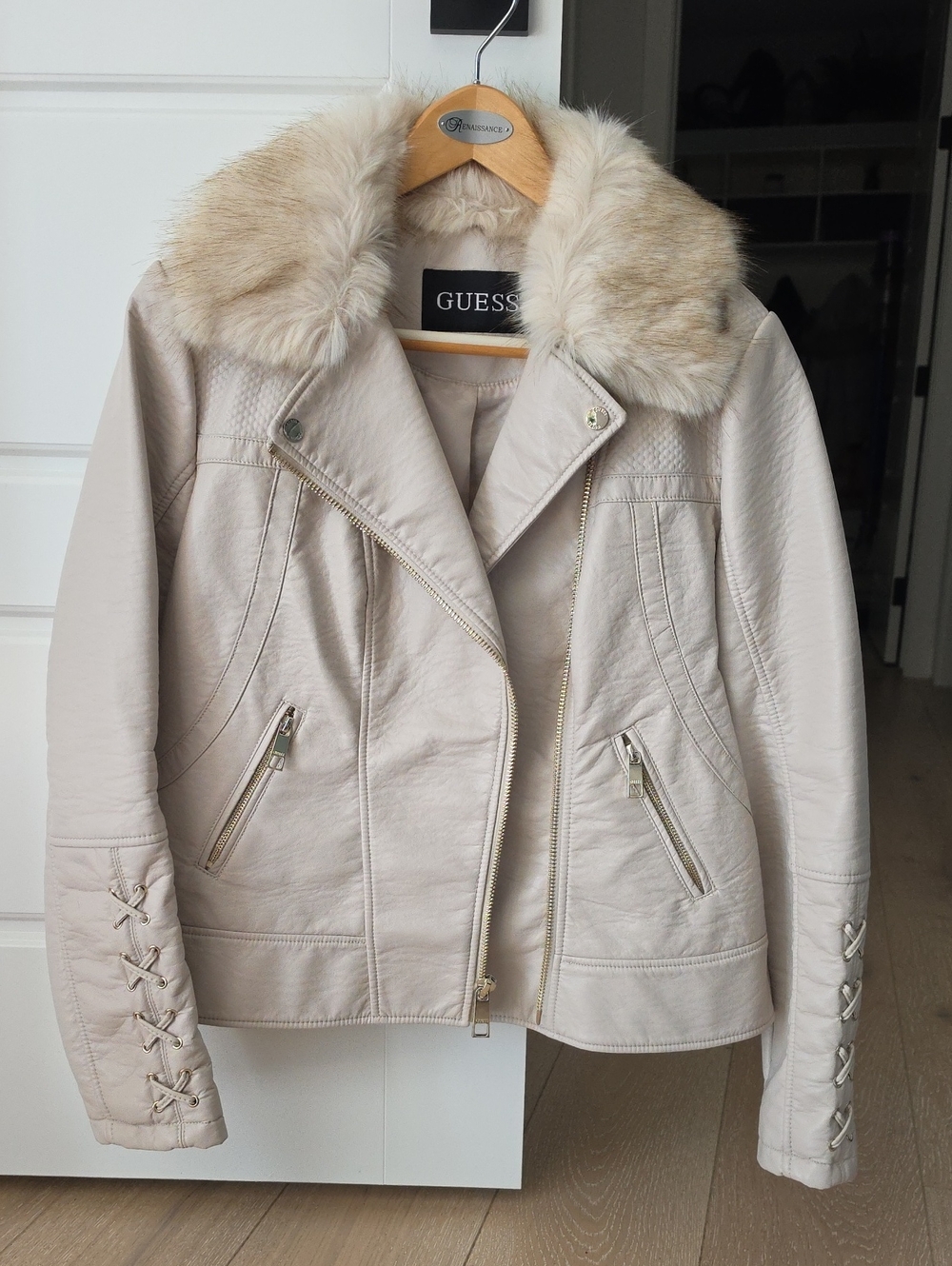GUESS Cream Faux Leather Jacket with Fur Trim